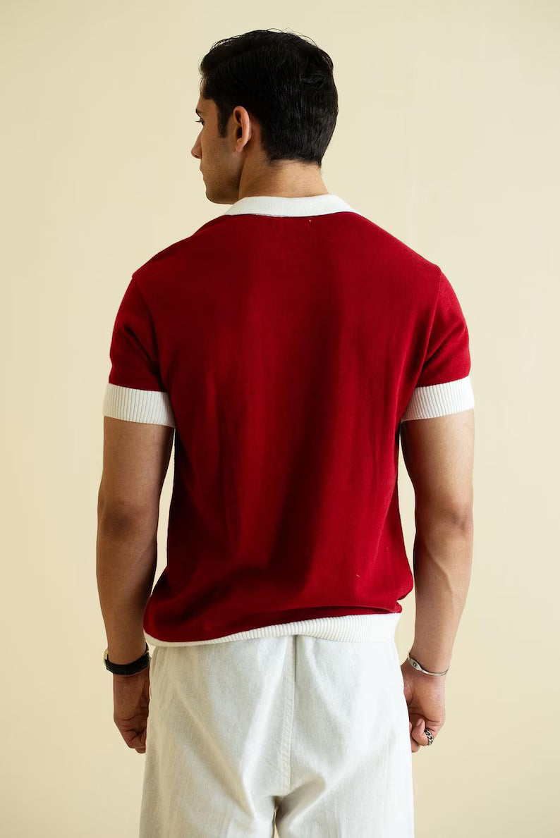 Vintage-Inspired Red Knit Polo Shirt - Short Sleeve Retro Sweater