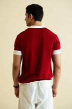 Vintage-Inspired Red Knit Polo Shirt - Short Sleeve Retro Sweater