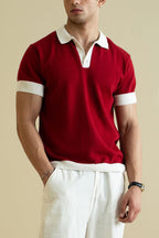 Vintage-Inspired Red Knit Polo Shirt - Short Sleeve Retro Sweater