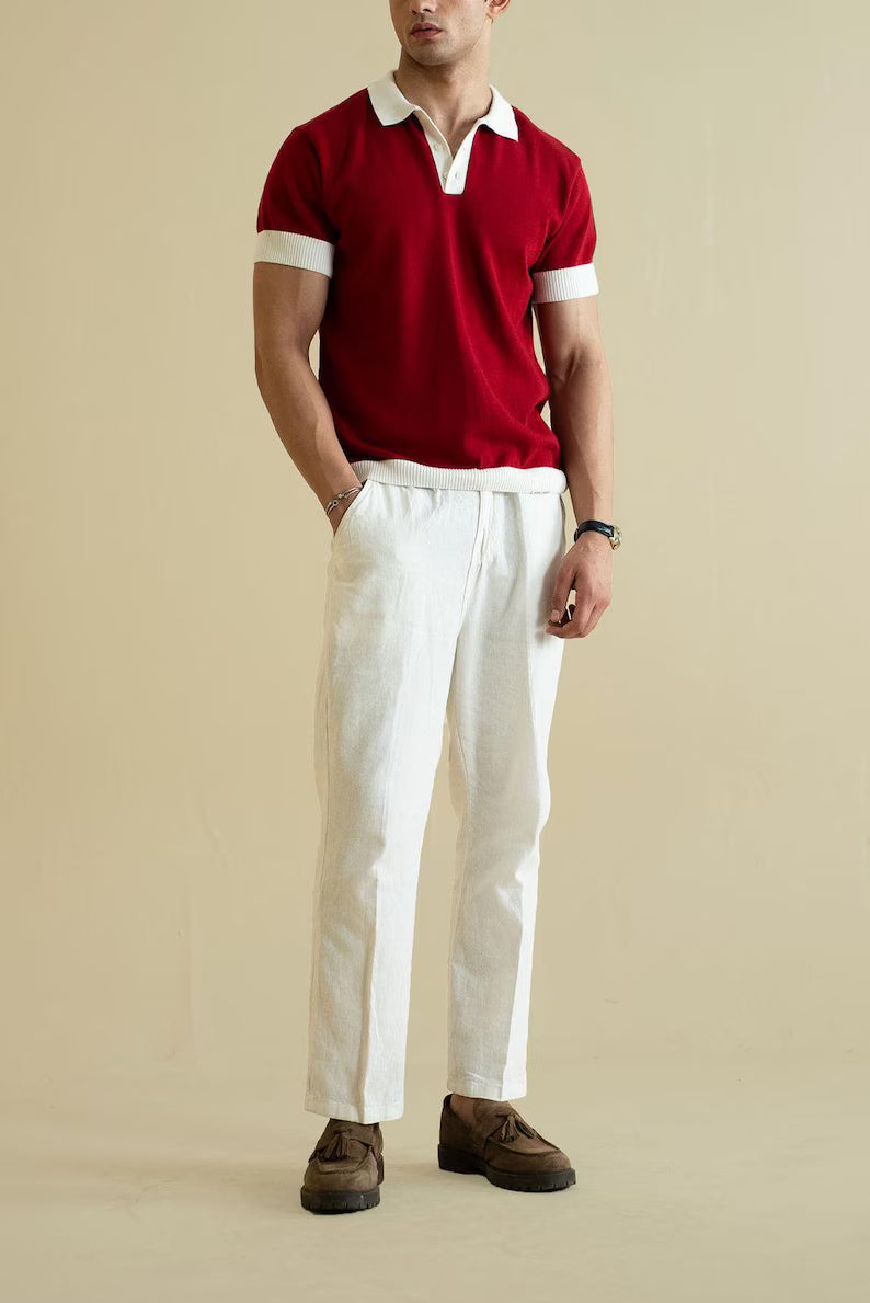 Vintage-Inspired Red Knit Polo Shirt - Short Sleeve Retro Sweater