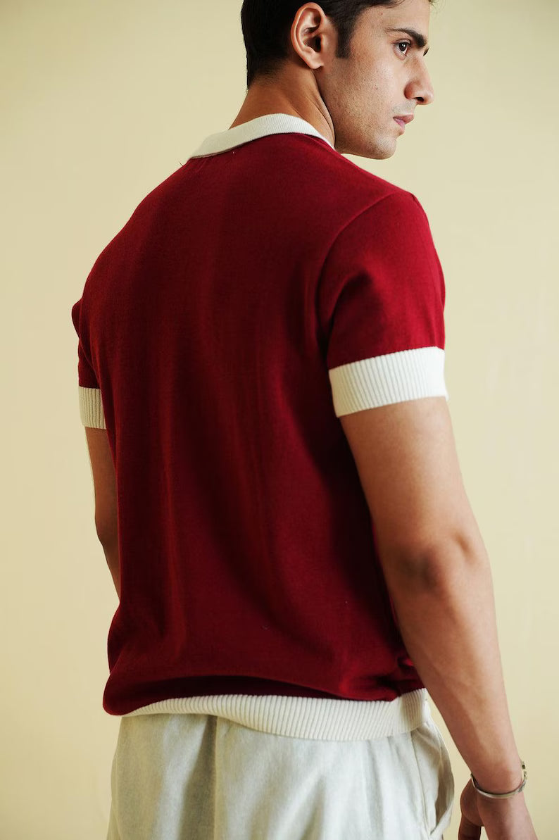 Vintage-Inspired Red Knit Polo Shirt - Short Sleeve Retro Sweater