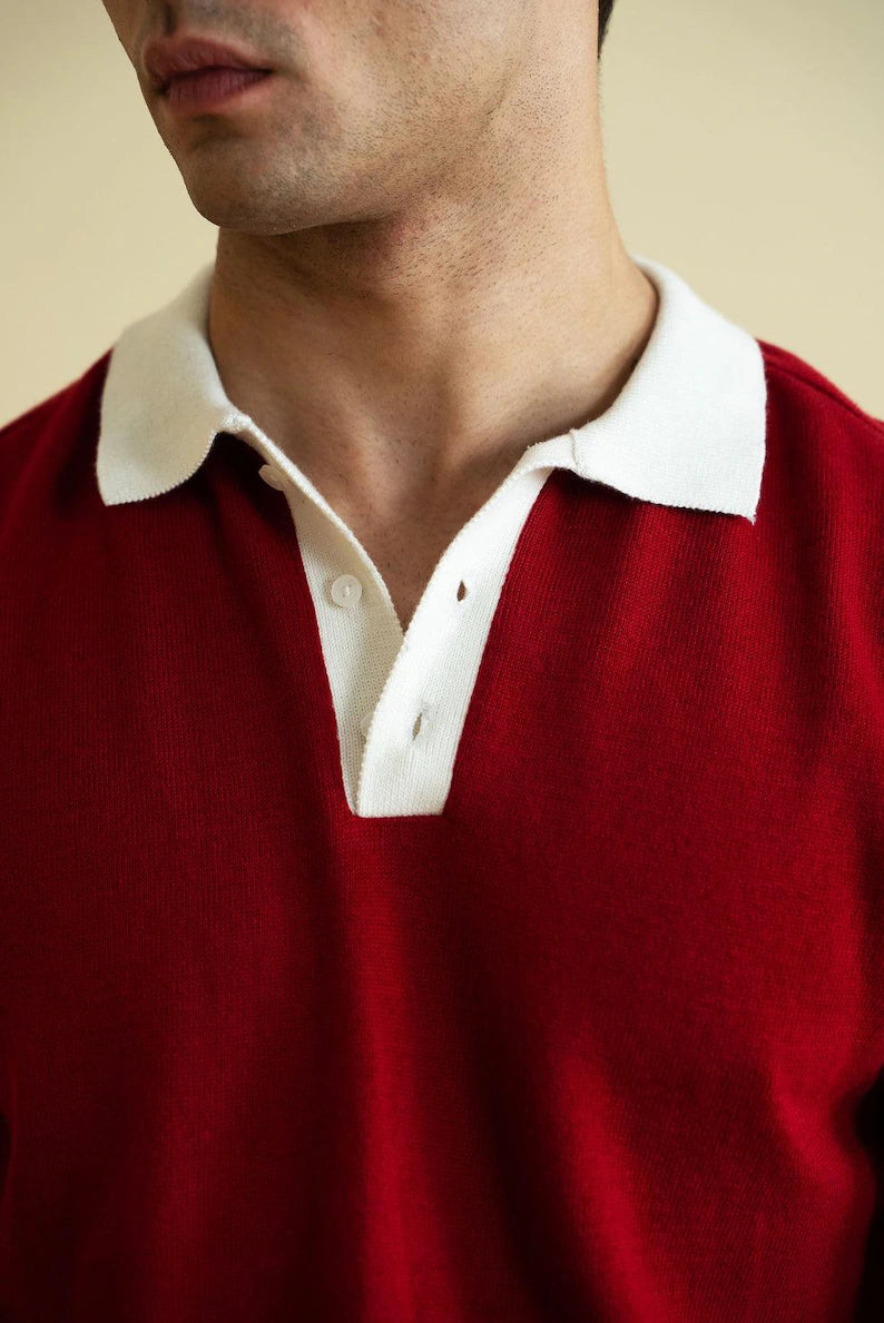 Vintage-Inspired Red Knit Polo Shirt - Short Sleeve Retro Sweater